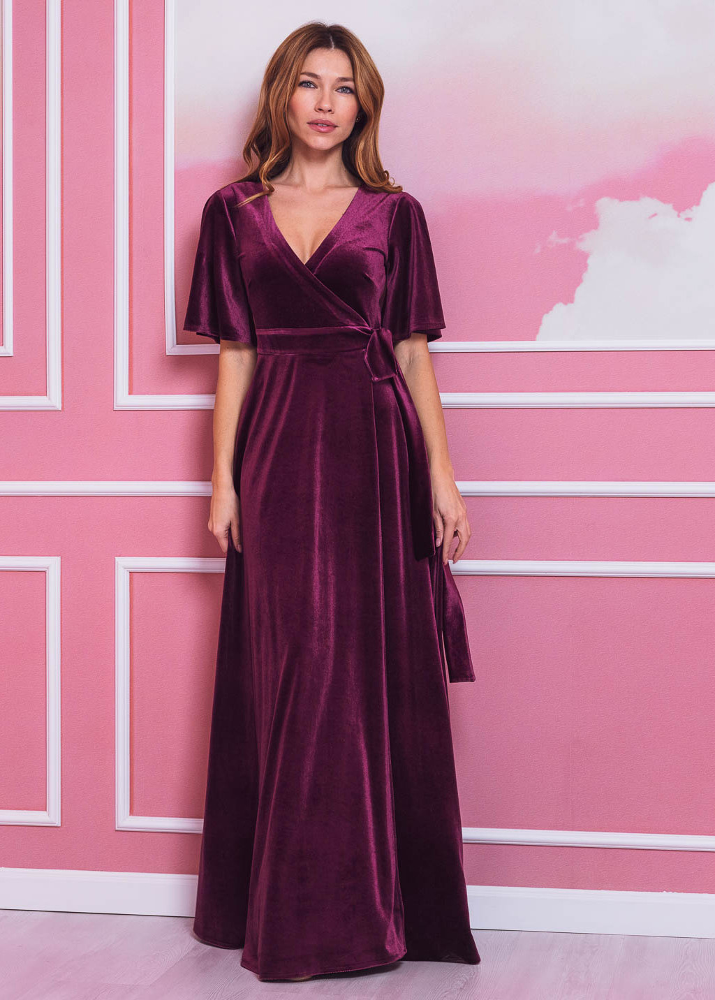 Plum burgundy elegant long wrap dress