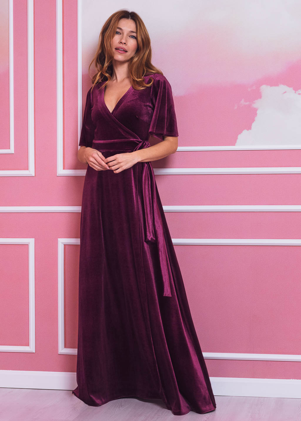 Plum burgundy elegant long wrap dress