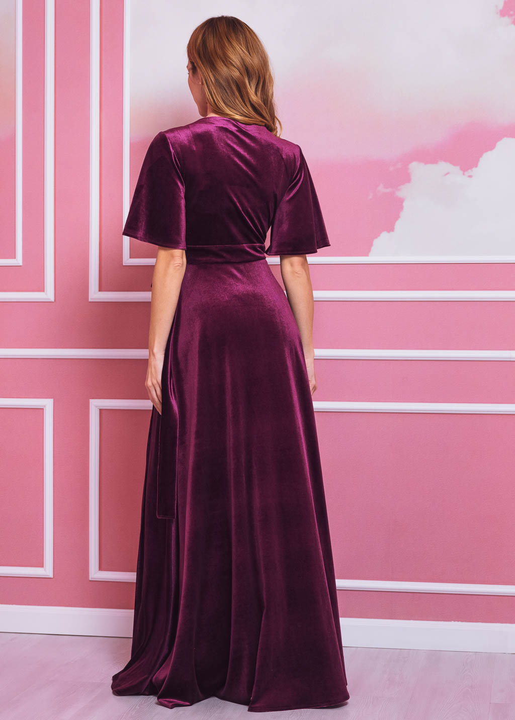 Plum burgundy elegant long wrap dress