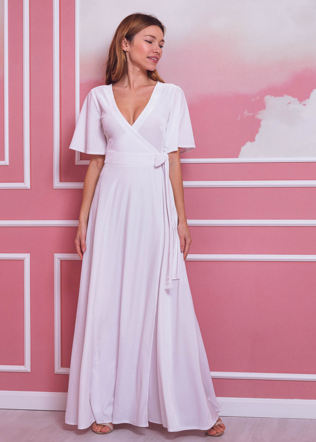 Pearl white elegant long wrap dress