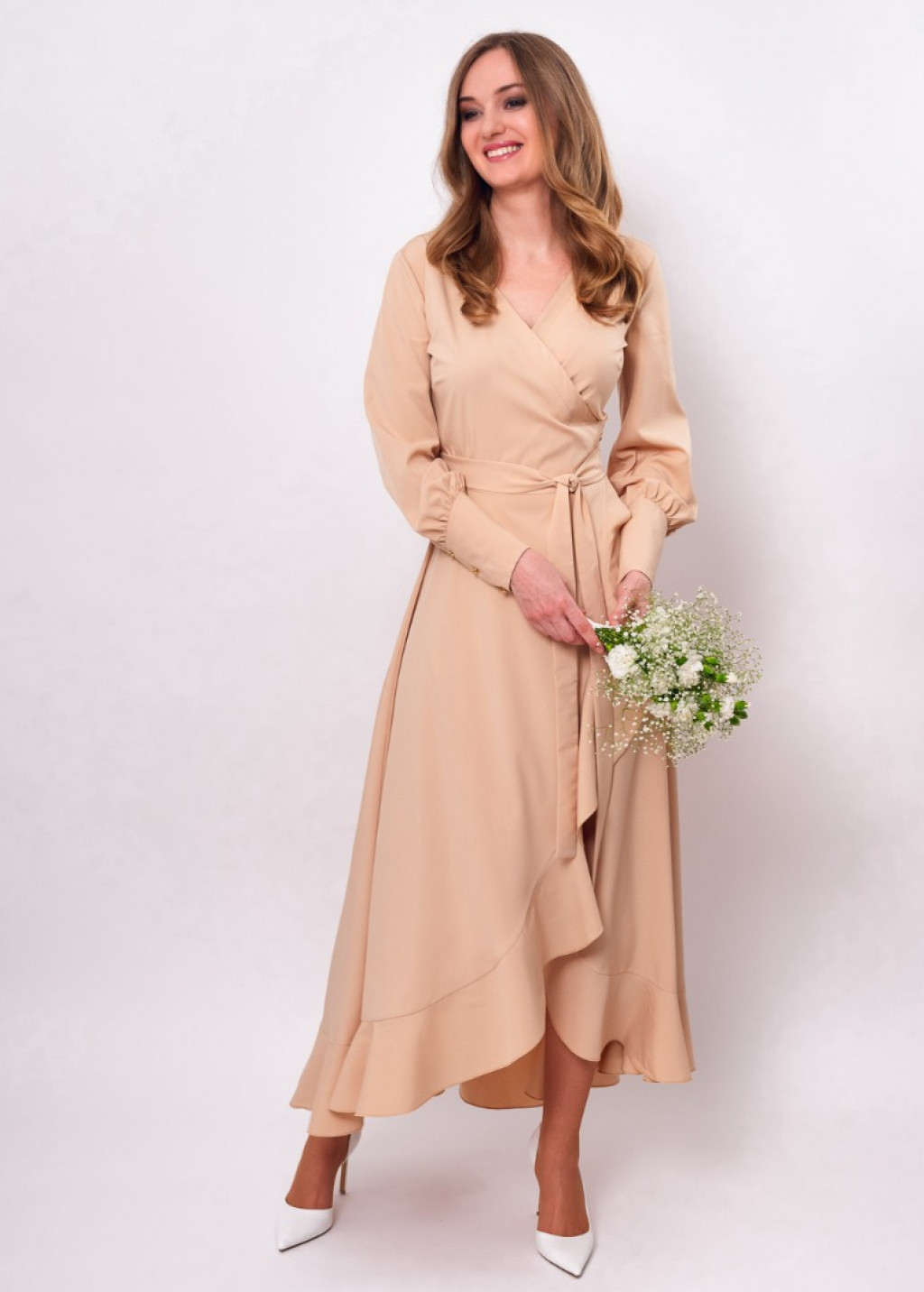 Champagne beige long wrap dress