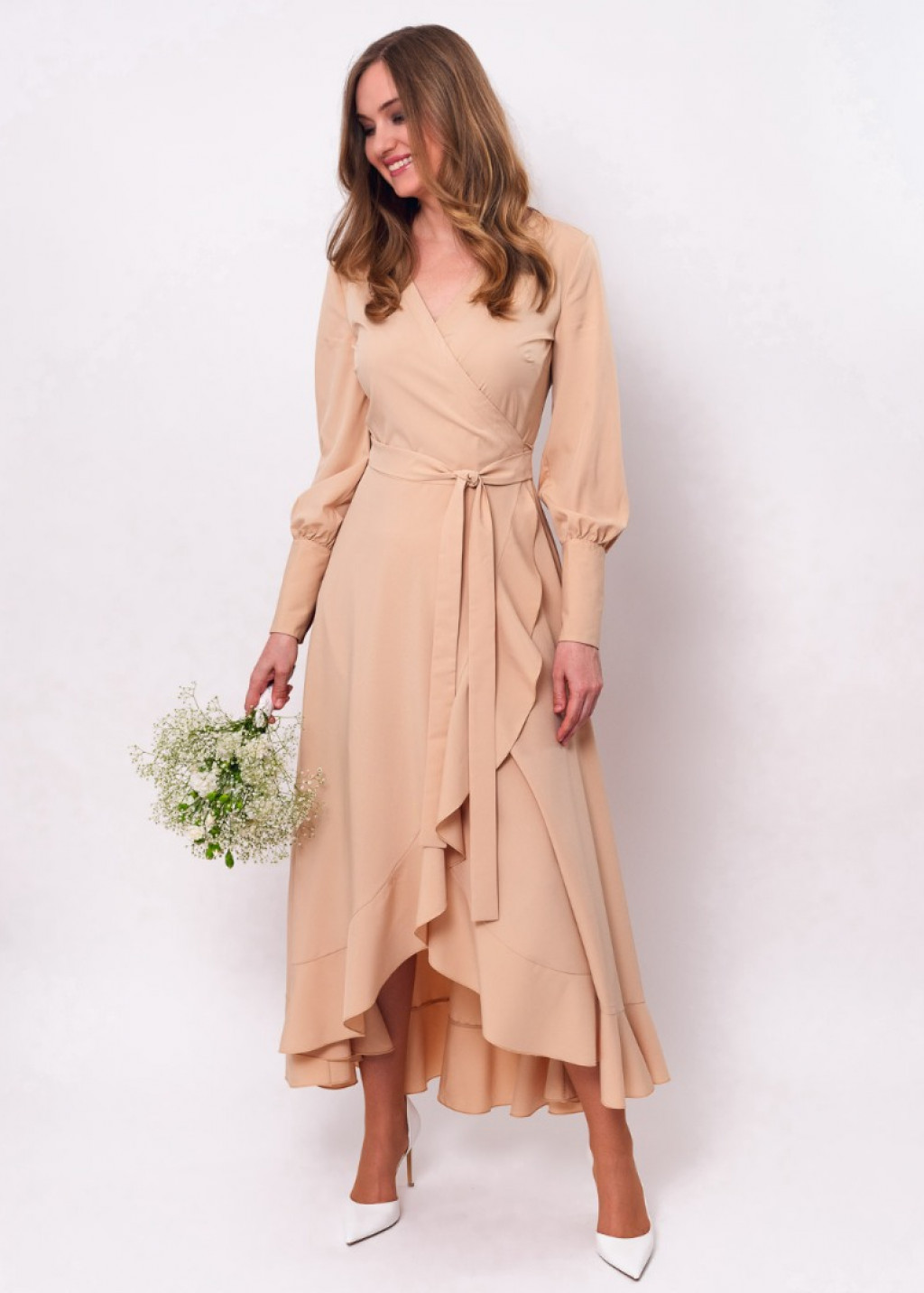 Champagne beige long wrap dress