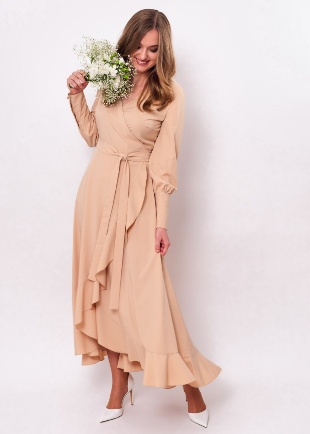 Champagne beige long wrap dress