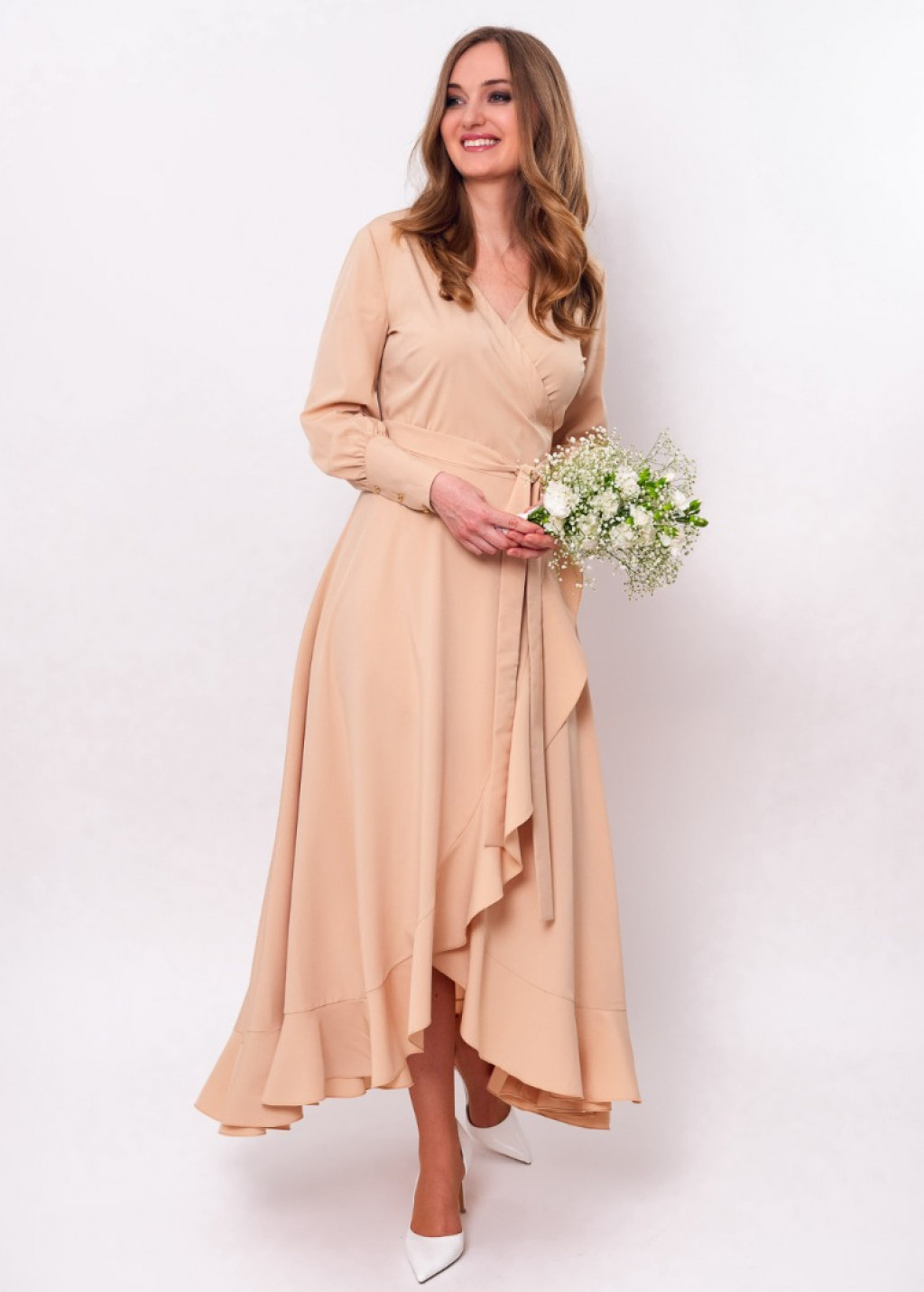 Champagne beige long wrap dress