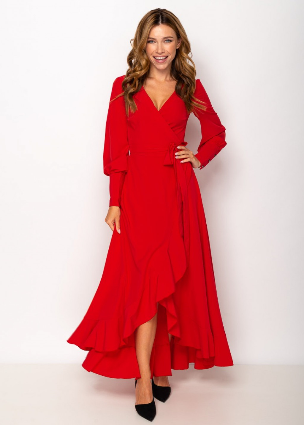 Red long wrap dress