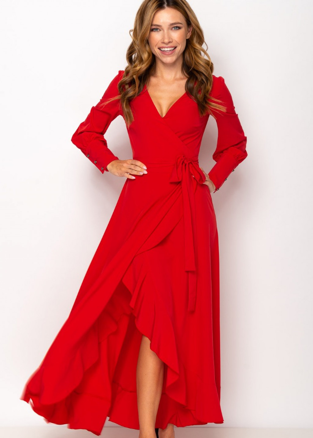 Red long wrap dress