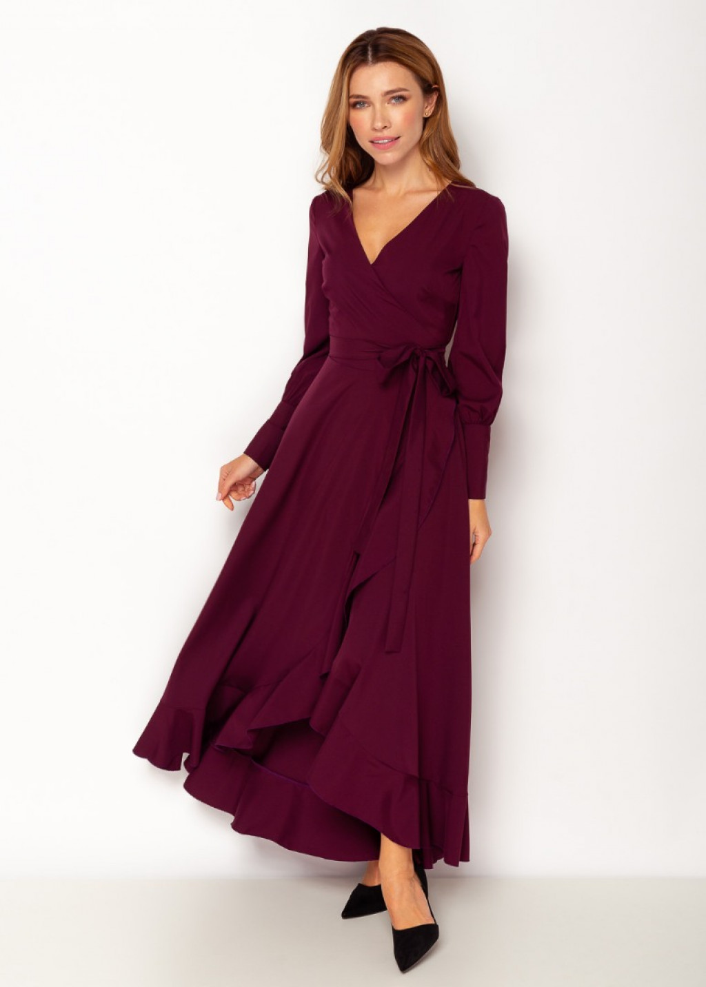 Dark burgundy long wrap dress