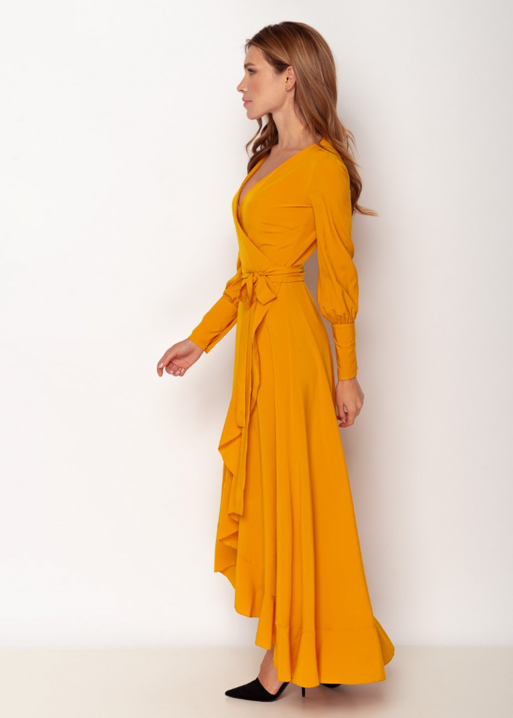 Honey yellow long wrap dress