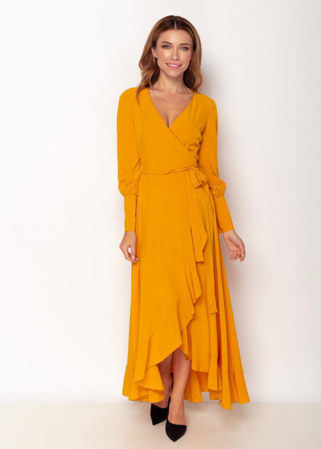 Honey yellow long wrap dress