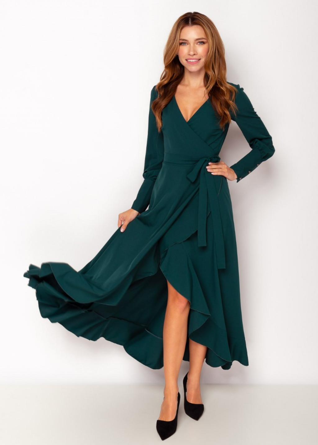 Dark green long wrap dress