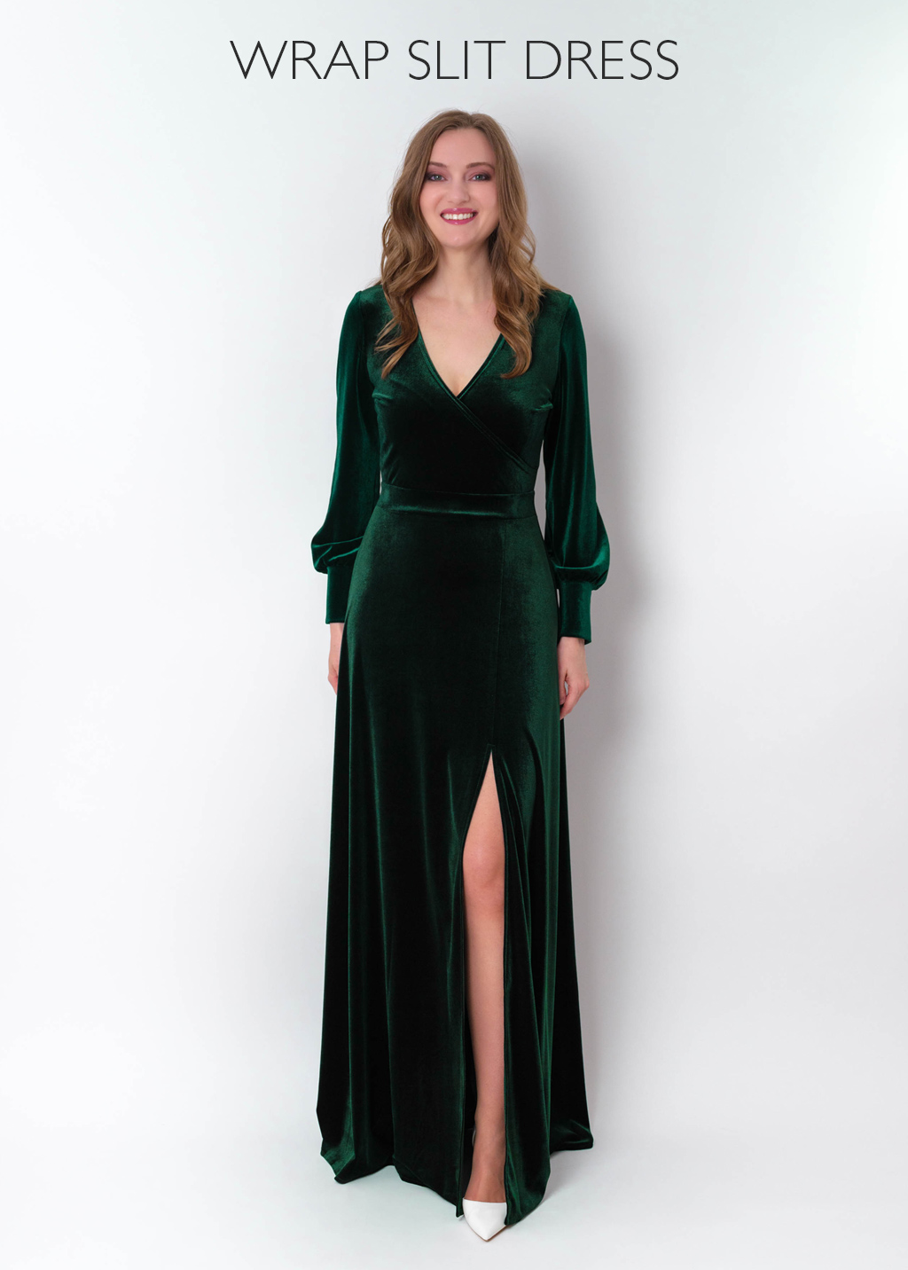 Emerald green velvet long slit dress