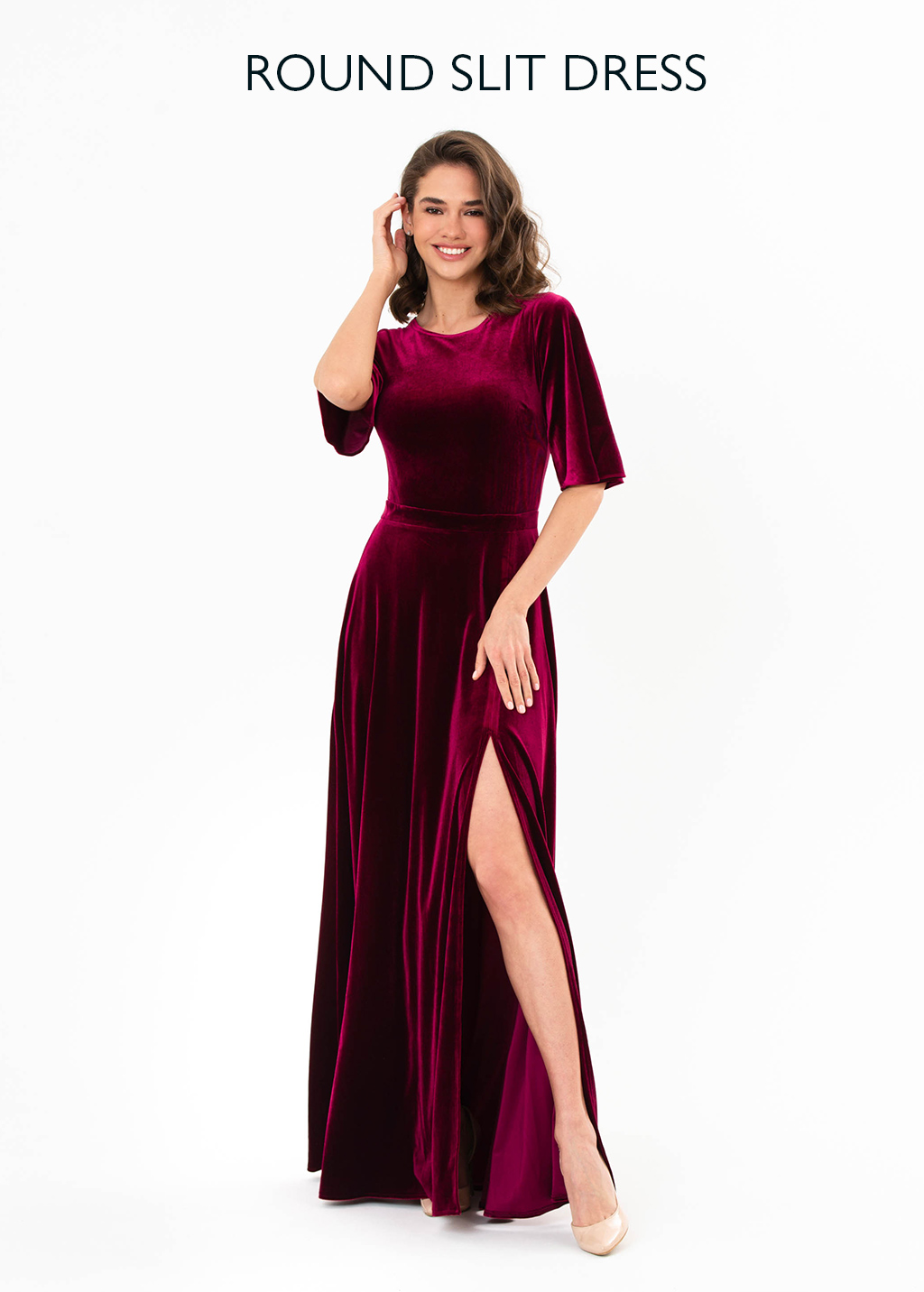 Plum burgundy velvet wrap slit dress