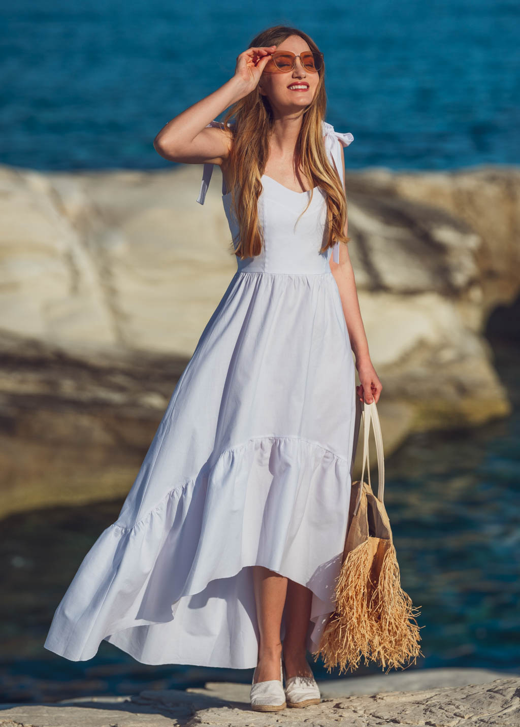 White cotton boho long summer dress