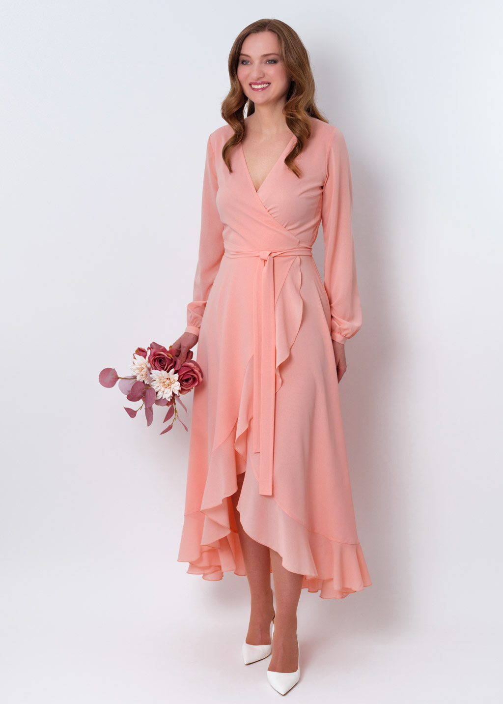 Blush pink chiffon wrap dress