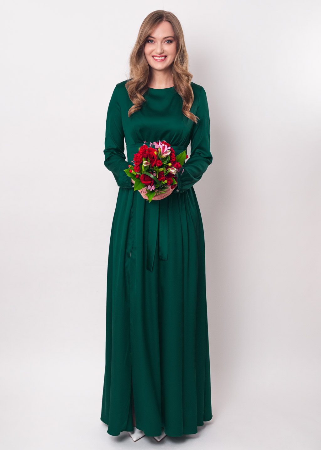 Dark green slit silk dress with belt