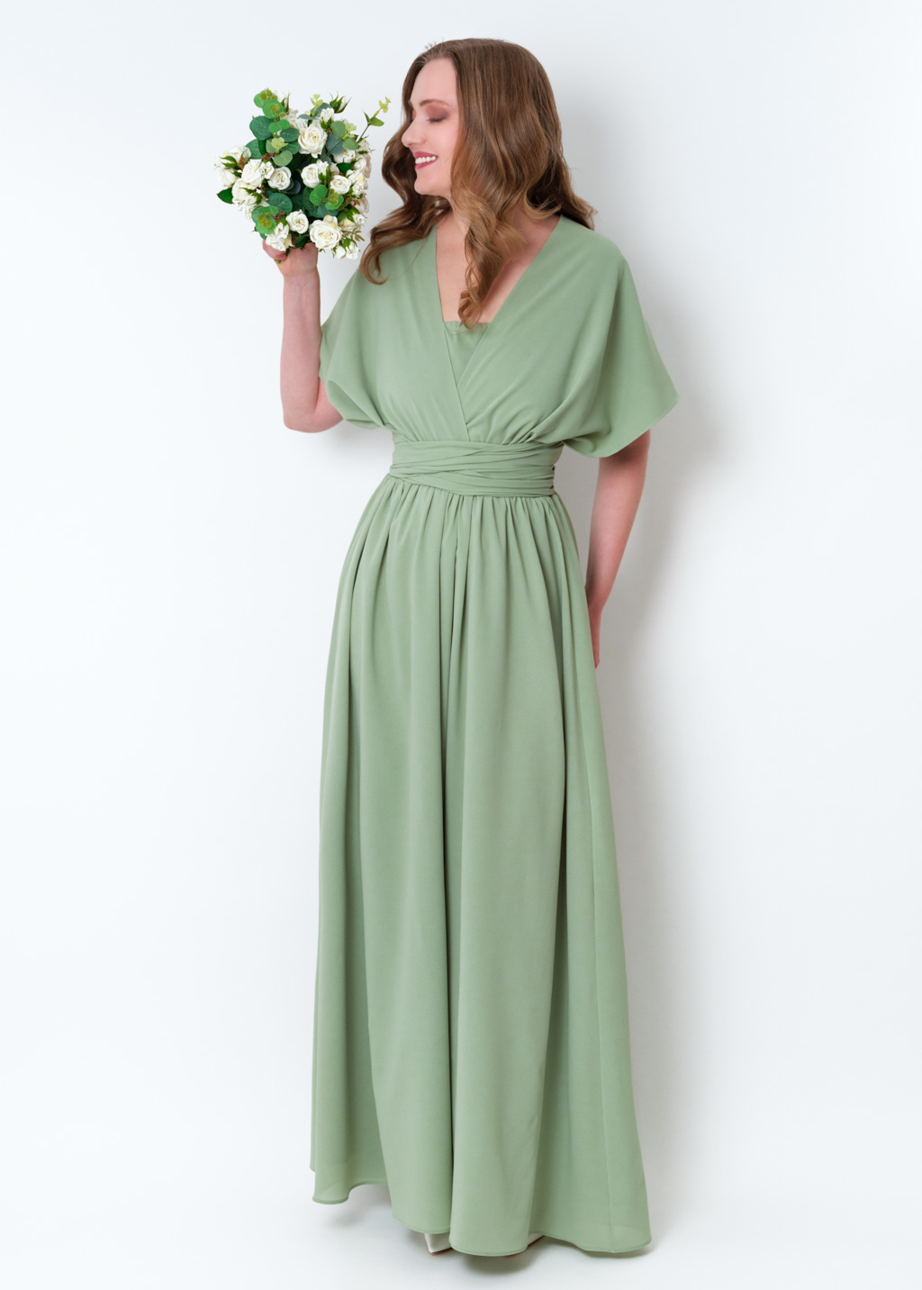 Sage green chiffon infinity pleated dress