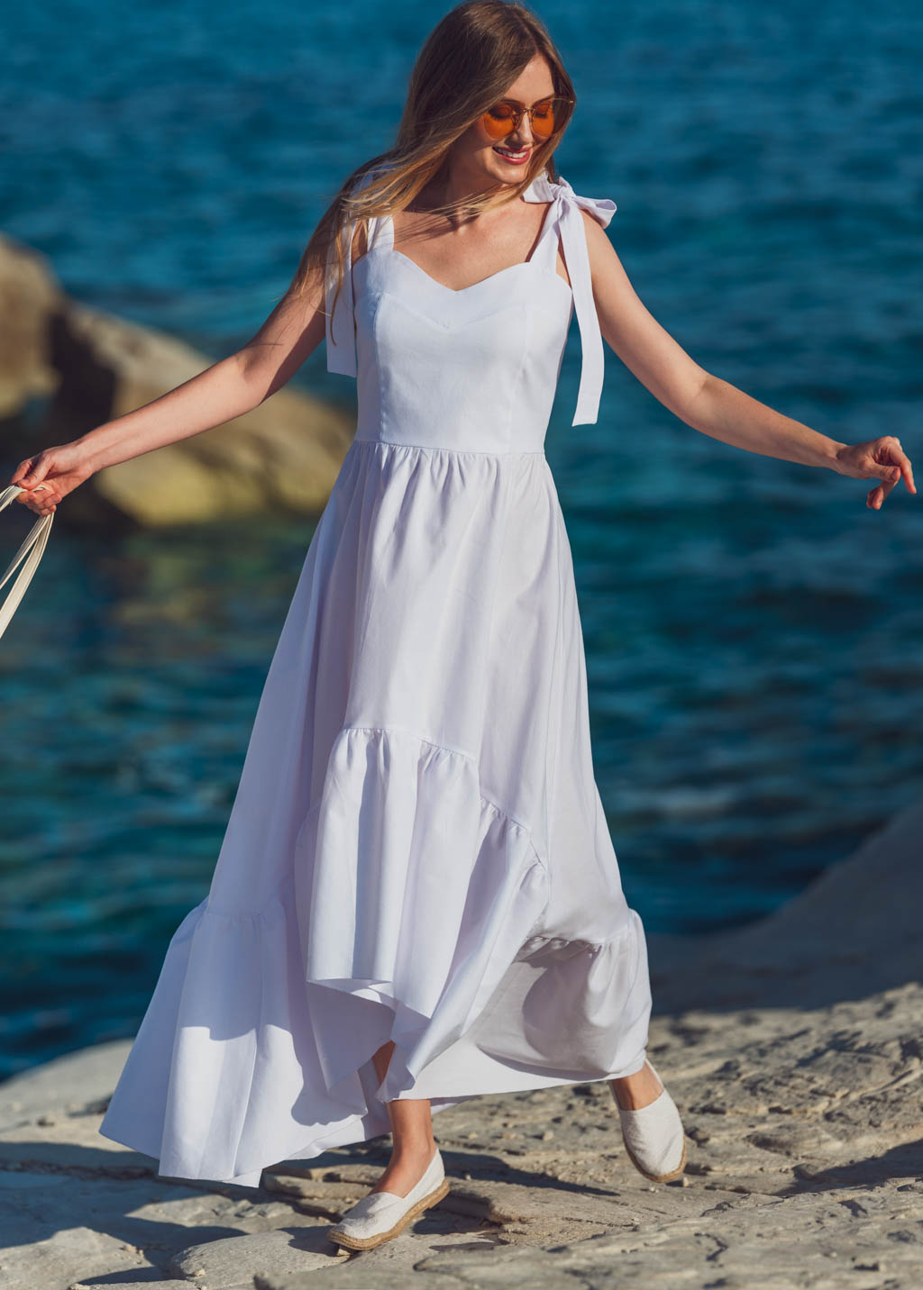 White cotton boho long summer dress