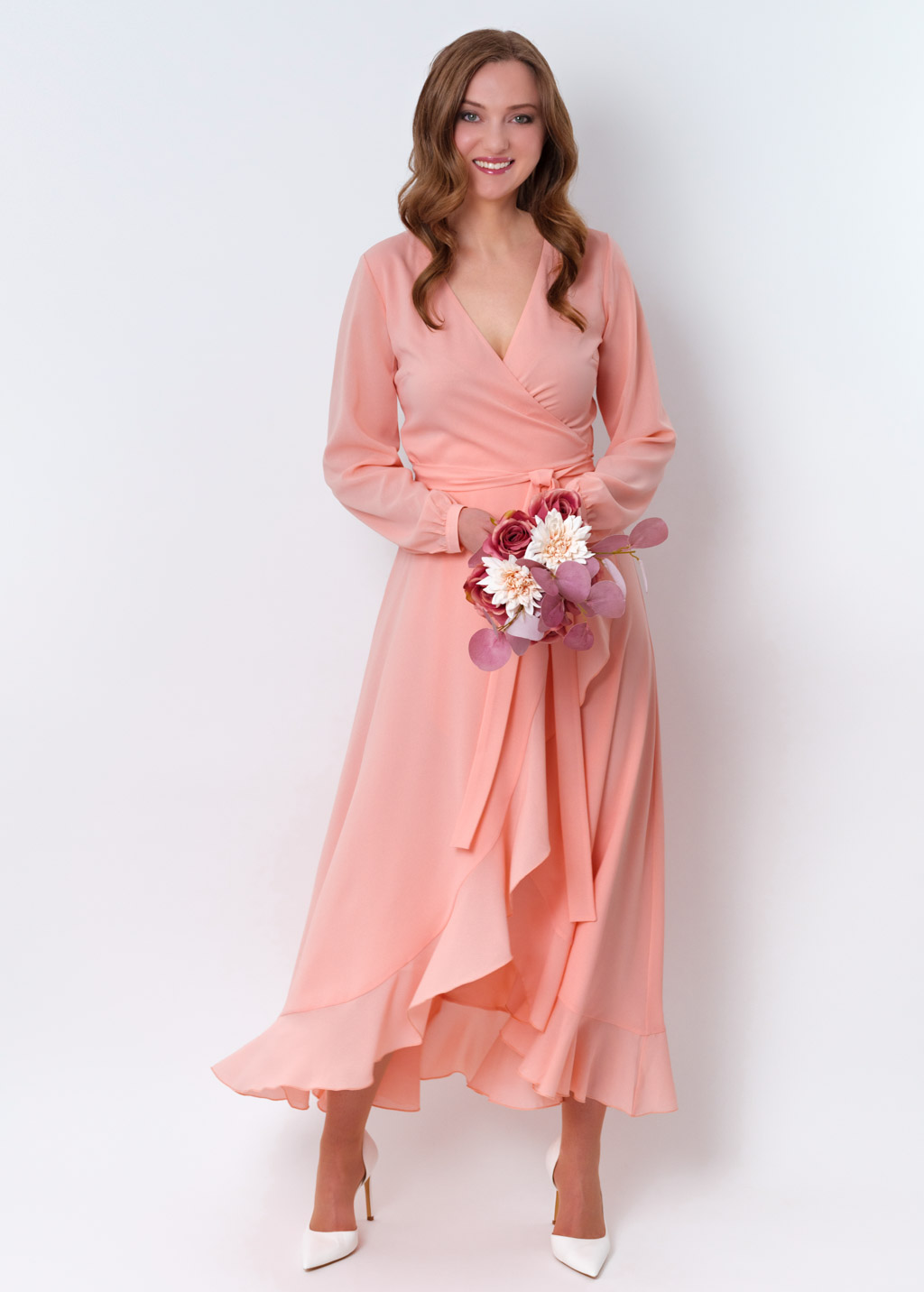 Blush pink chiffon wrap dress