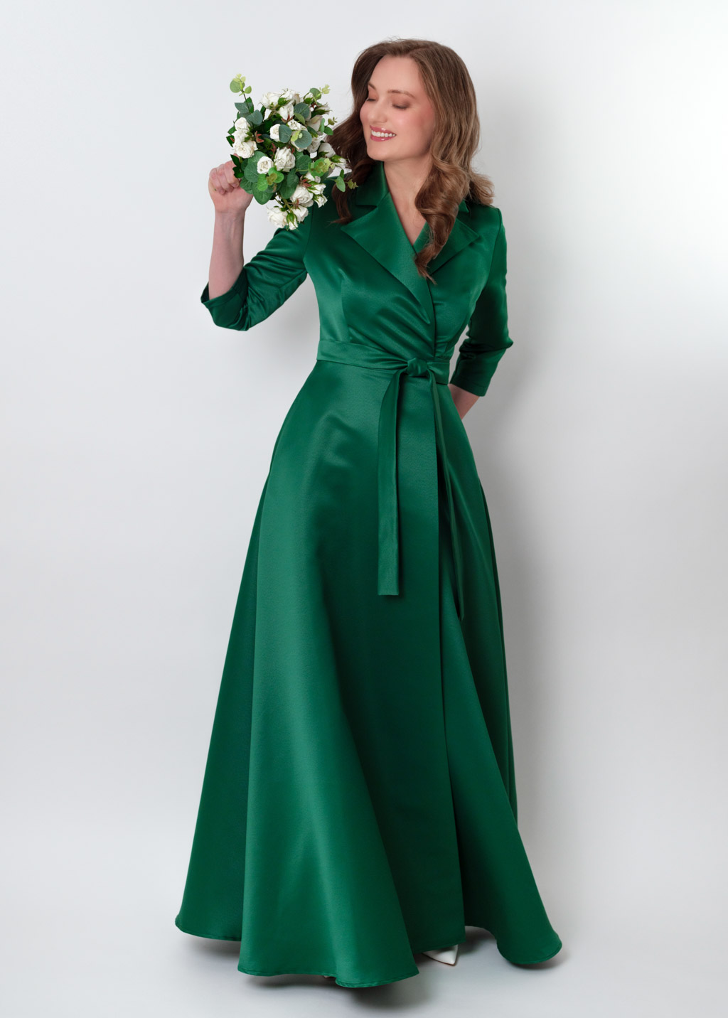 Emerald green wrap satin dress dress