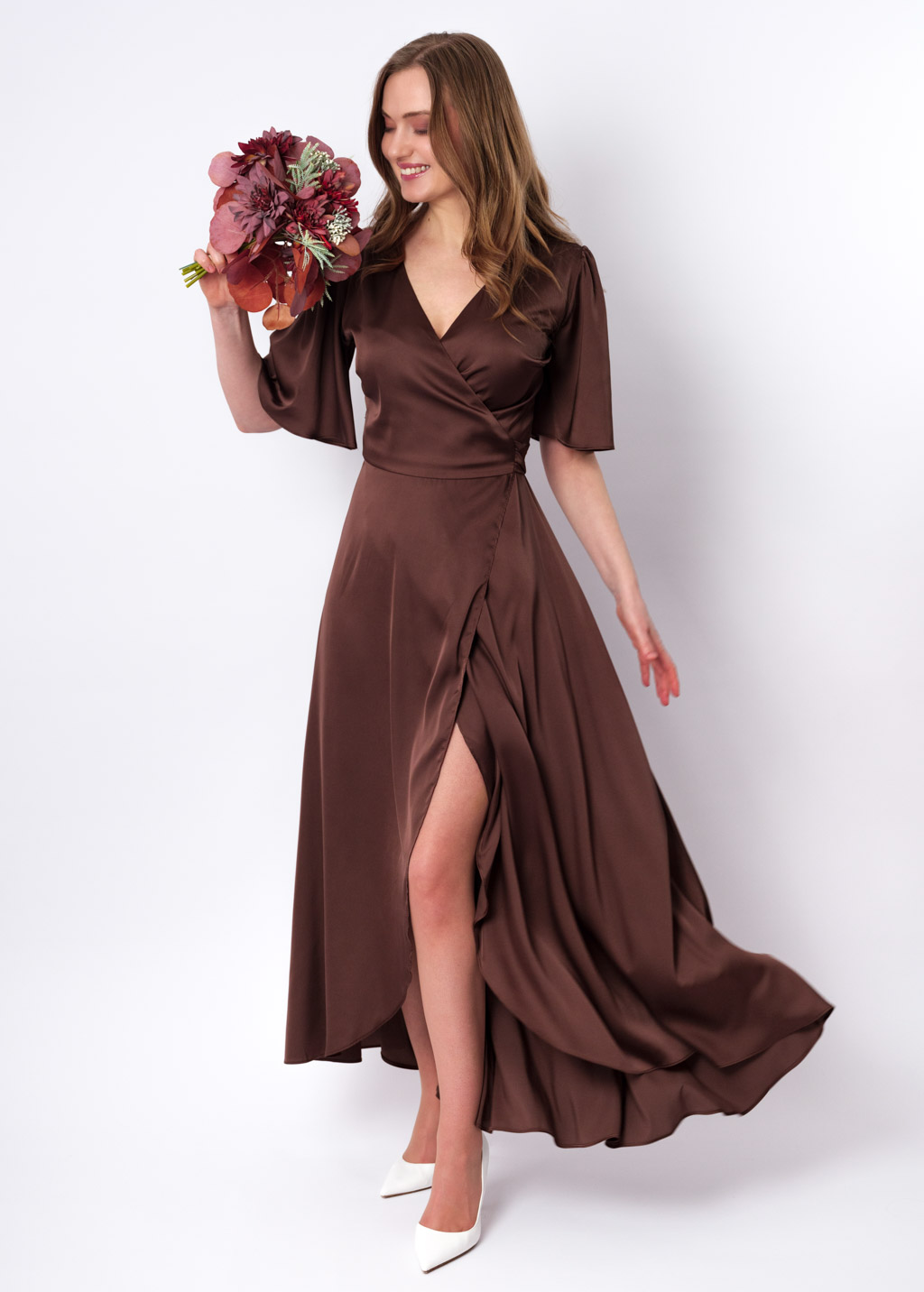 Choсolate brown silk long wrap dress