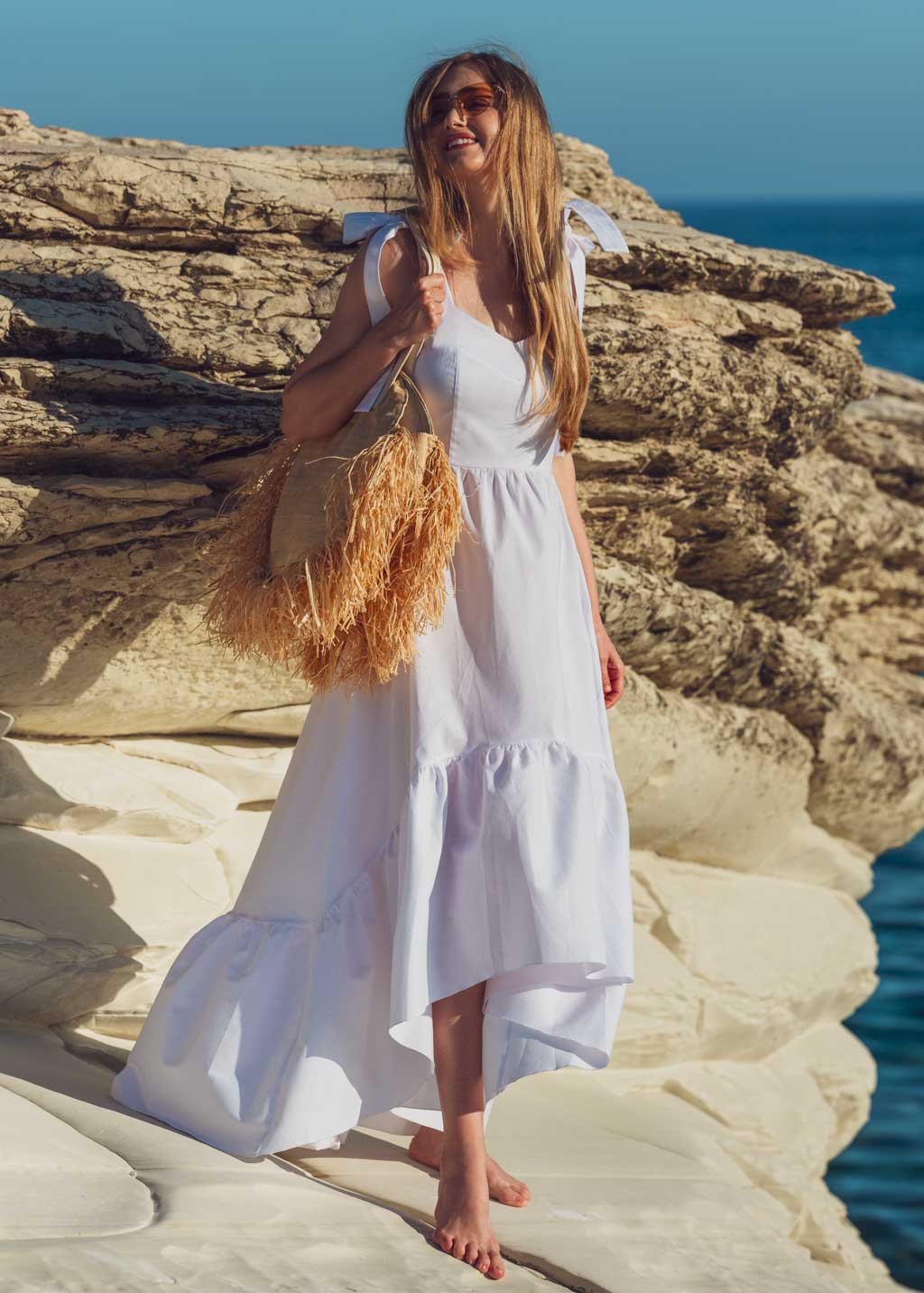 White cotton boho long summer dress