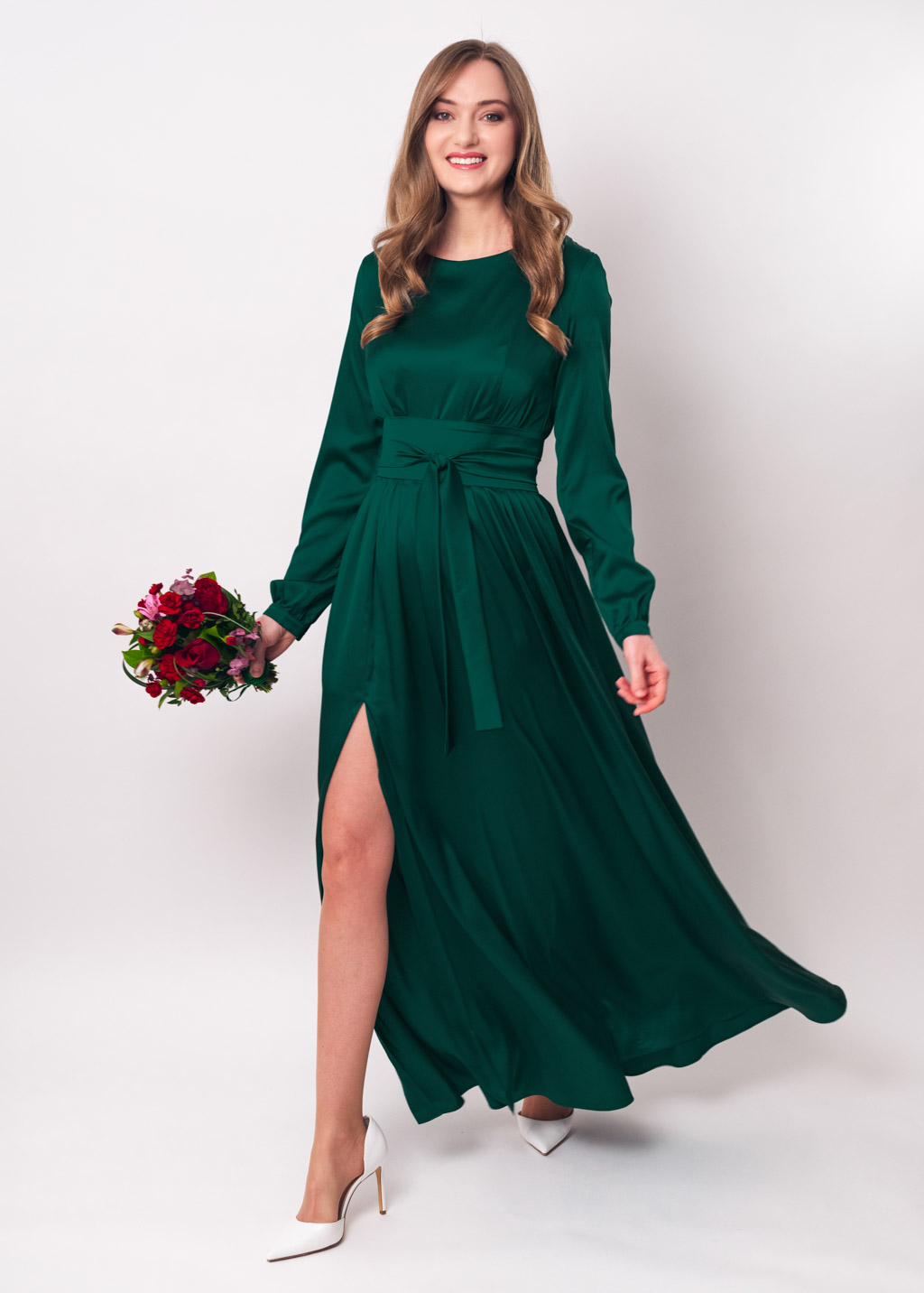 Dark green slit silk dress with belt