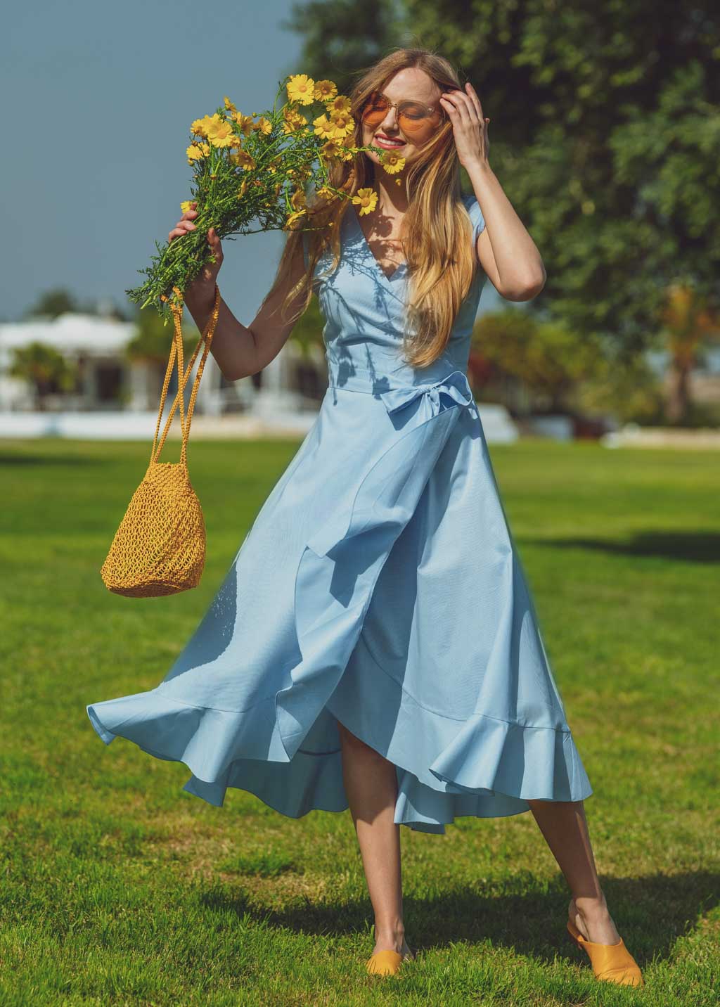 Blue organic cotton midi wrap dress