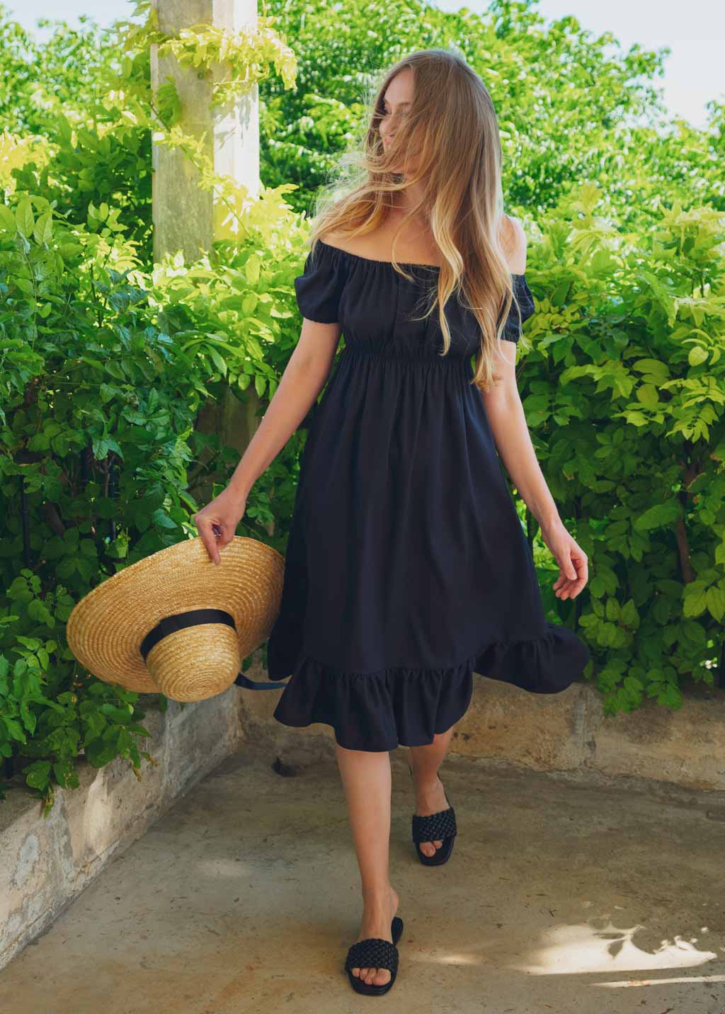Black organic linen off shoulder midi dress