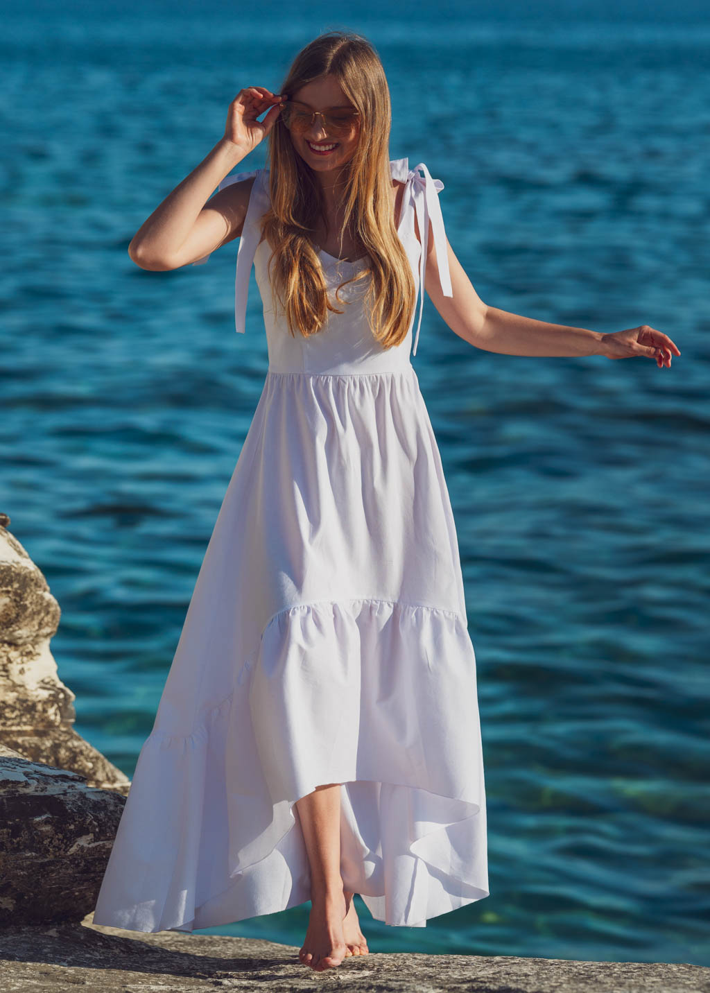 White cotton boho long summer dress