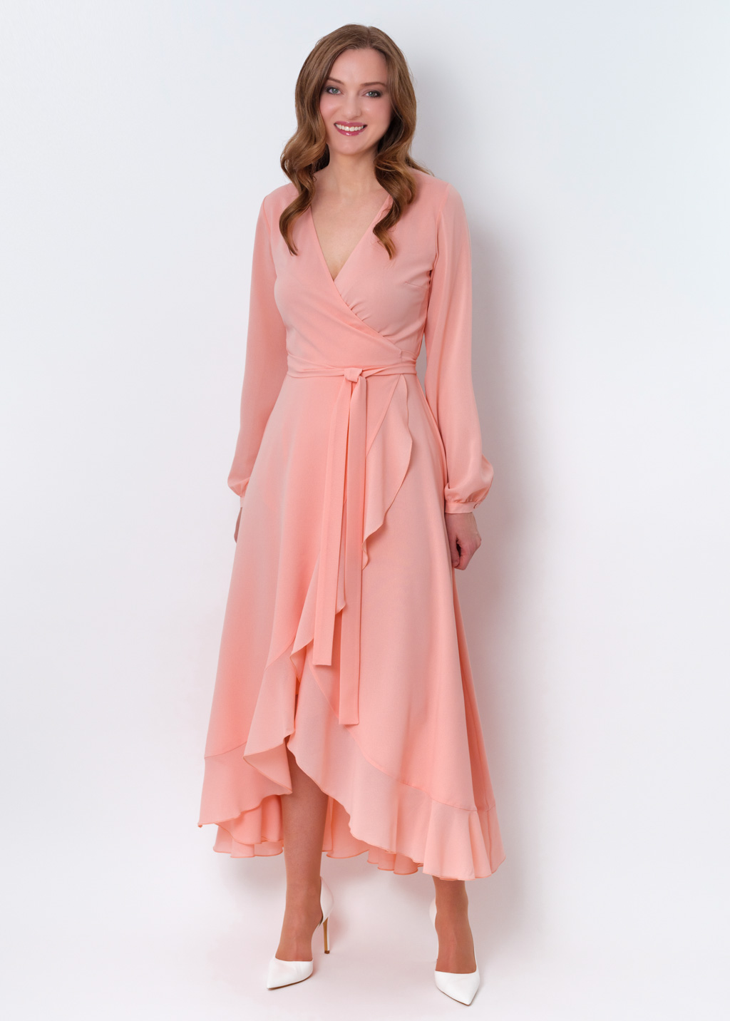 Blush pink chiffon wrap dress