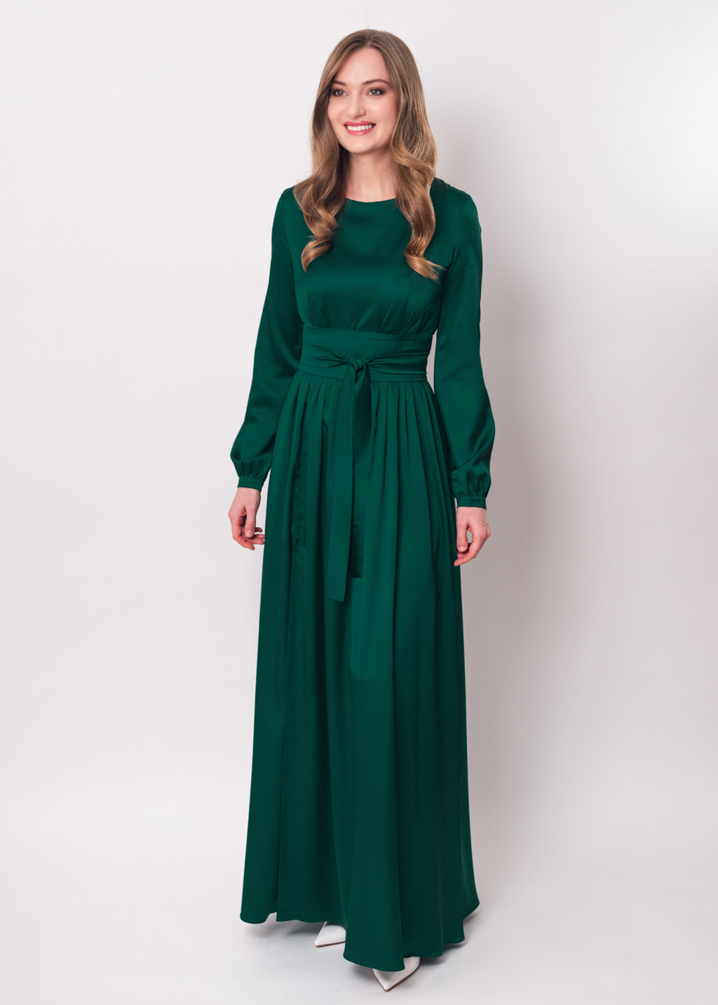 Dark green slit silk dress with belt