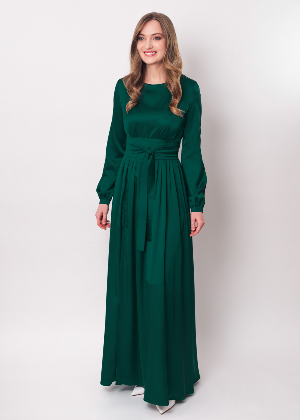 Dark green long silk dress with belt