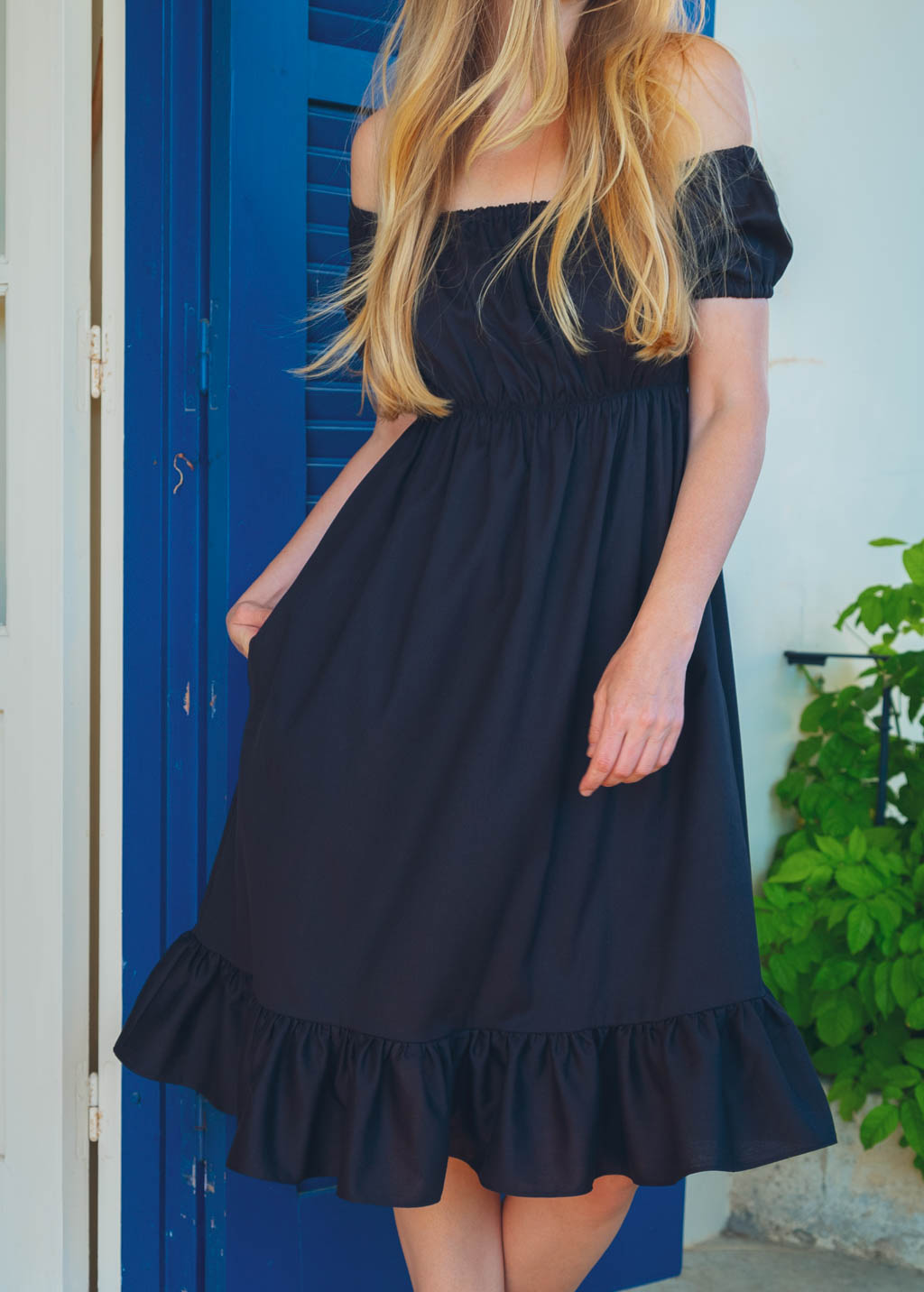 Black organic linen off shoulder midi dress