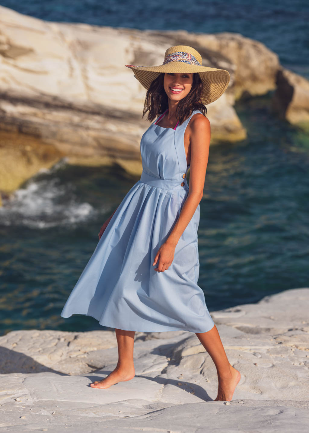 Blue organic cotton cross-back dress