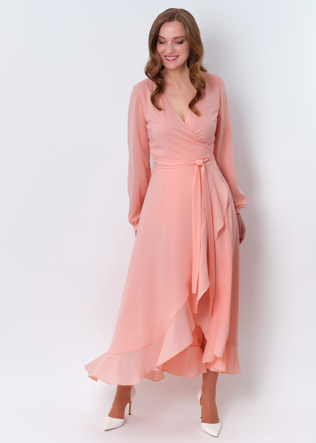 Blush pink chiffon wrap dress