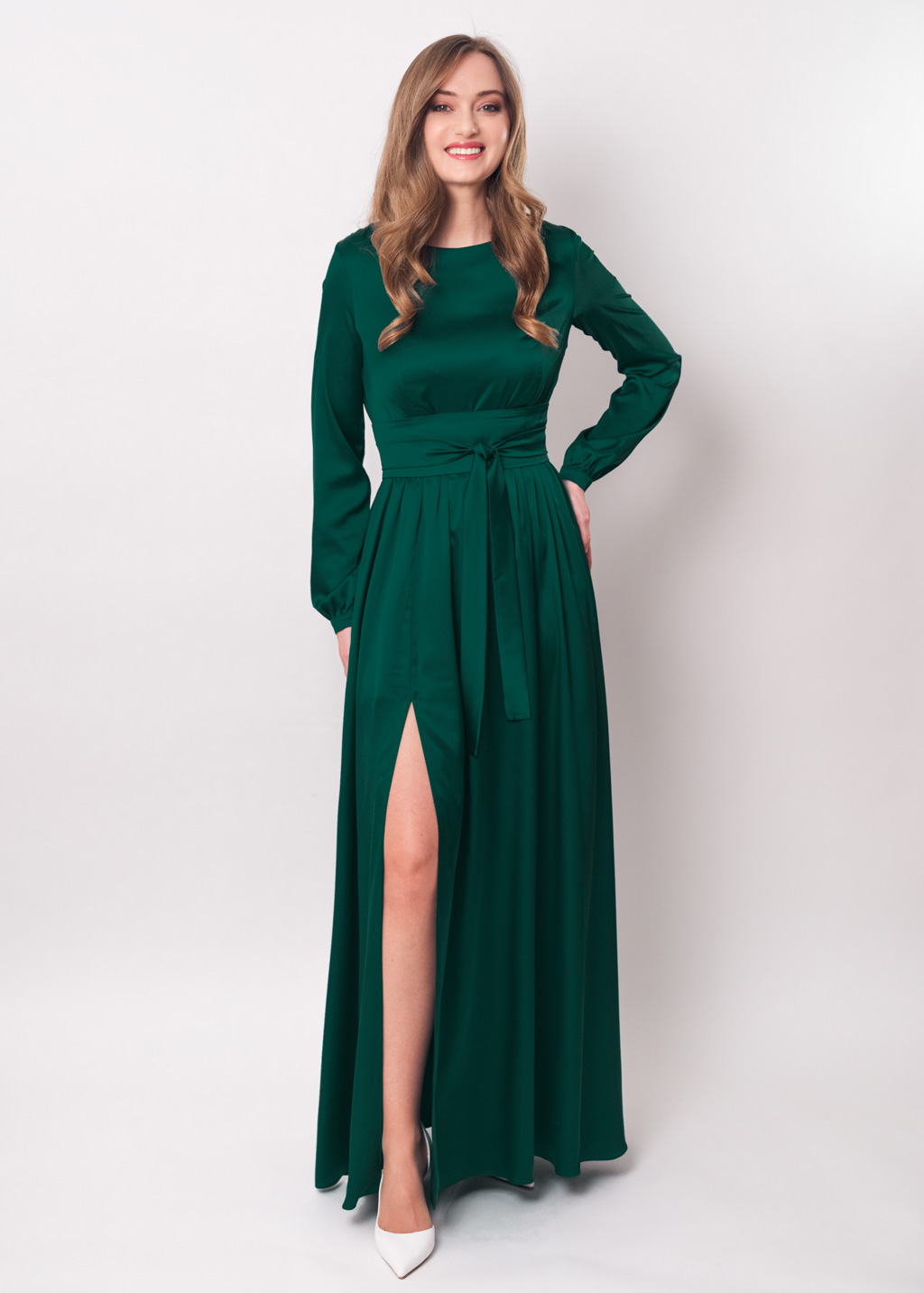 Dark green long silk dress with belt