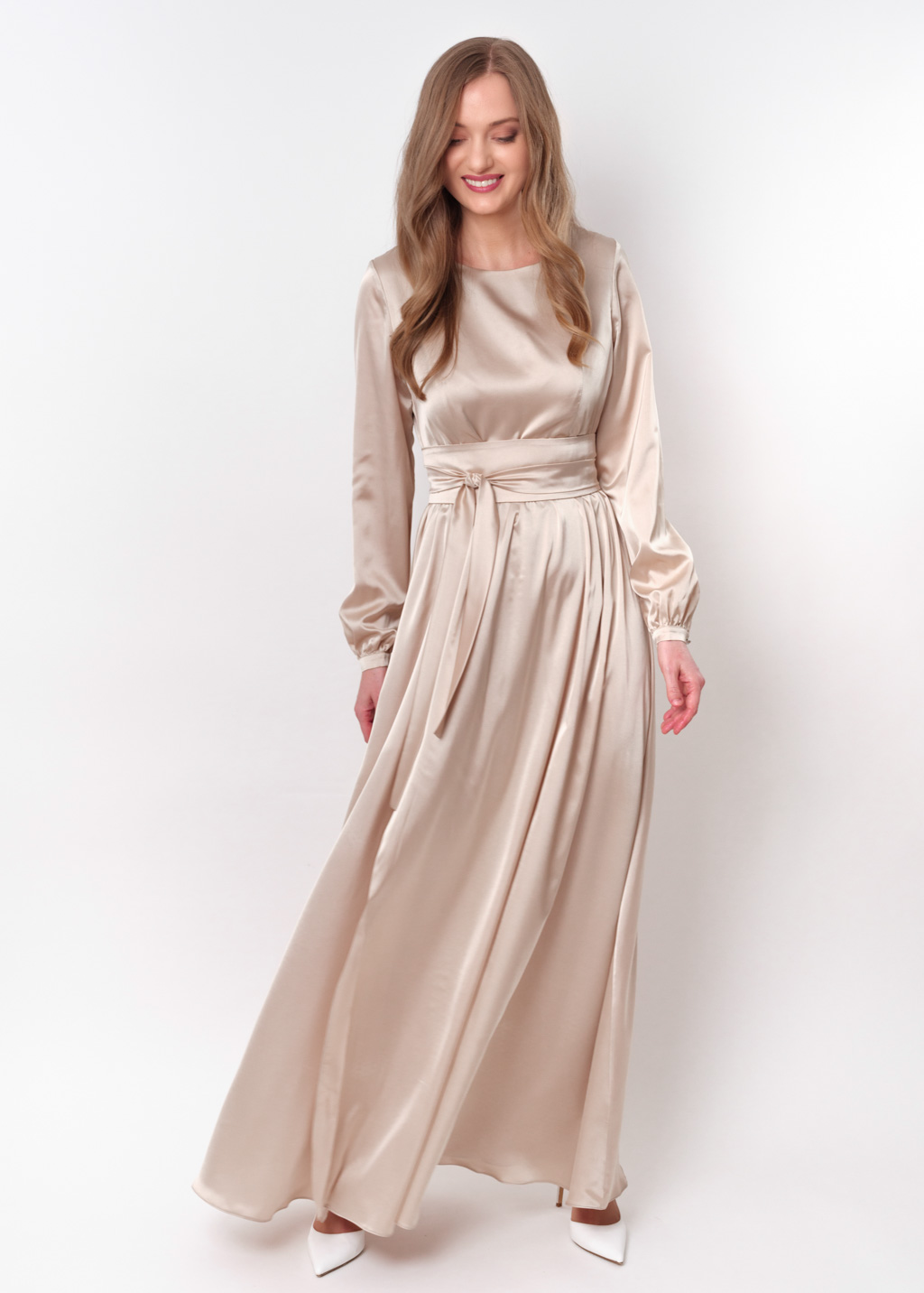 Champagne beige slit silk dress with belt