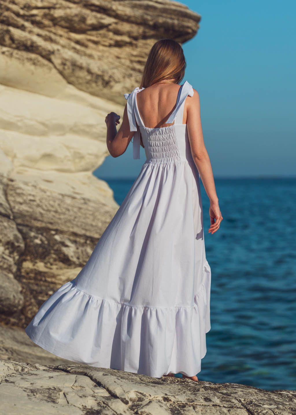 White cotton boho long summer dress