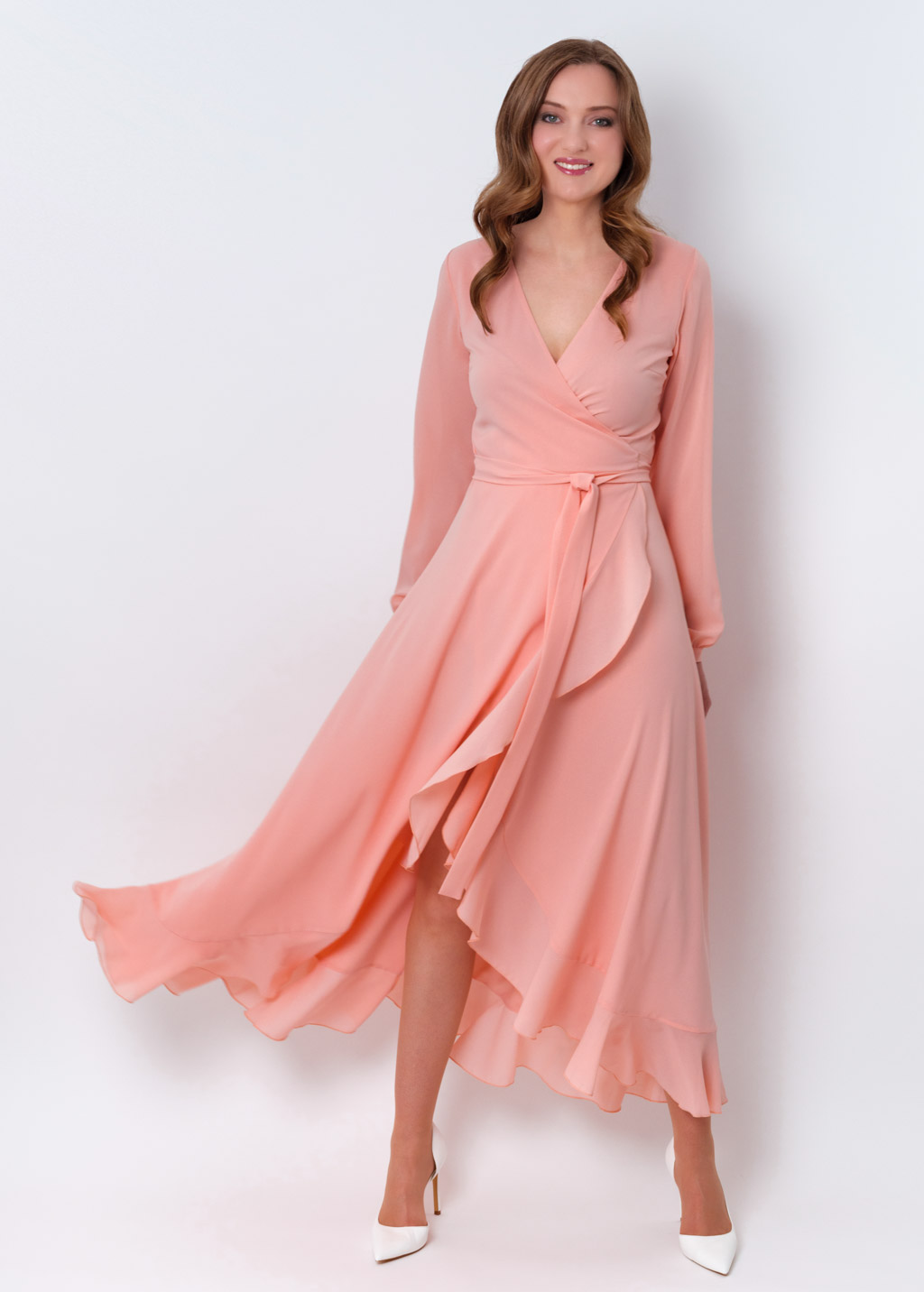 Blush pink chiffon wrap dress