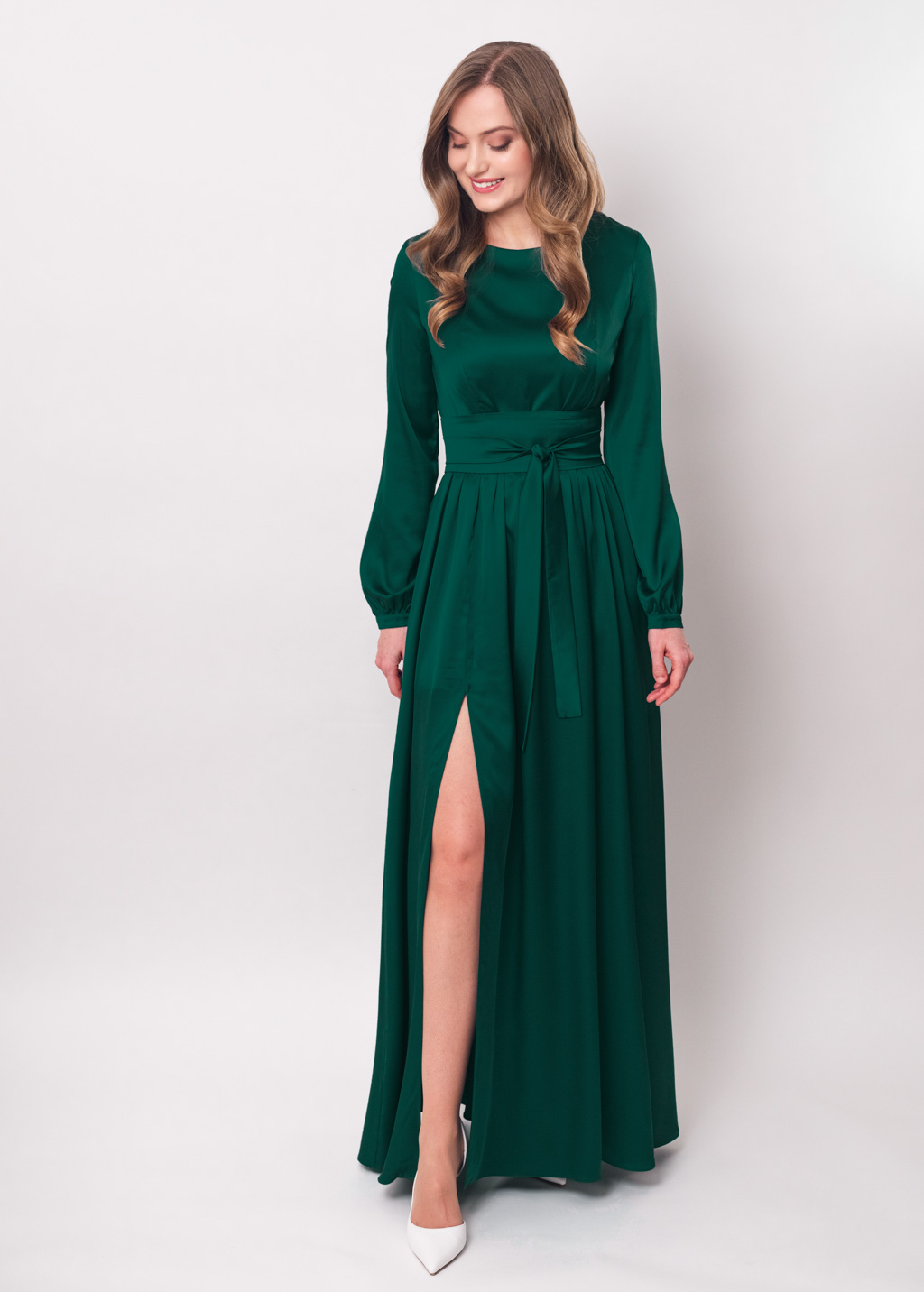 Dark green slit silk dress with belt