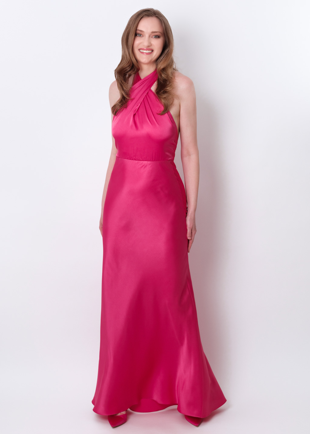 Hot pink silk long halter dress