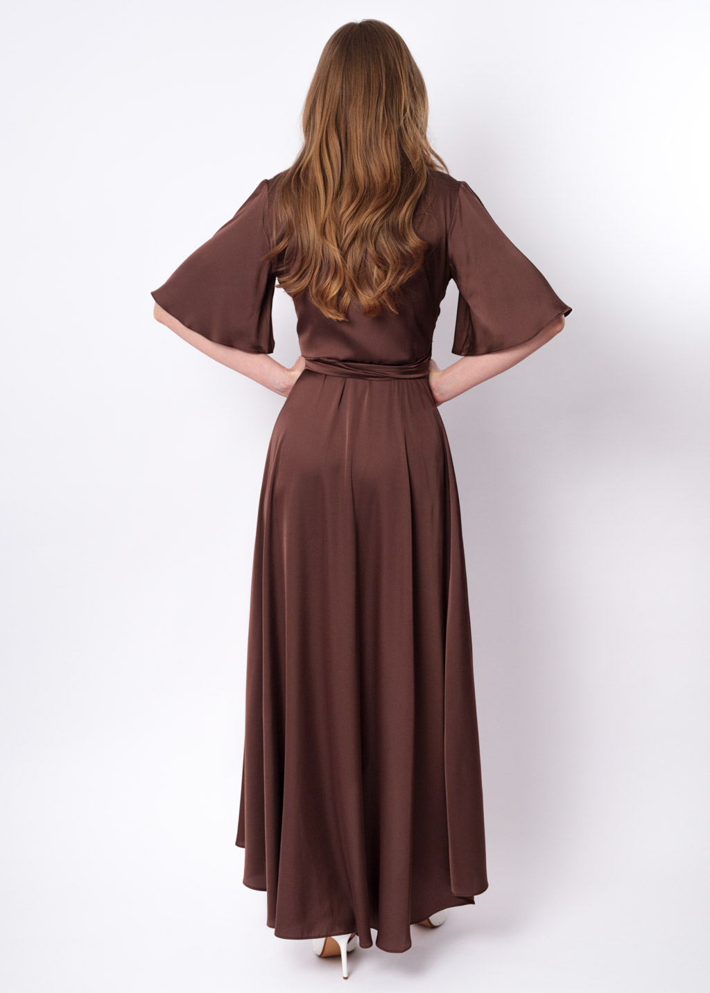 Choсolate brown silk long wrap dress