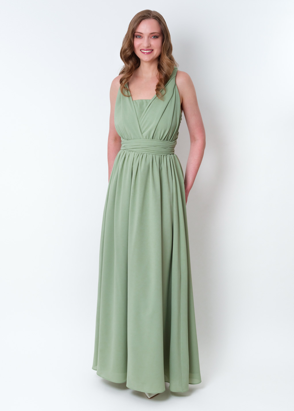 Sage green chiffon infinity pleated dress