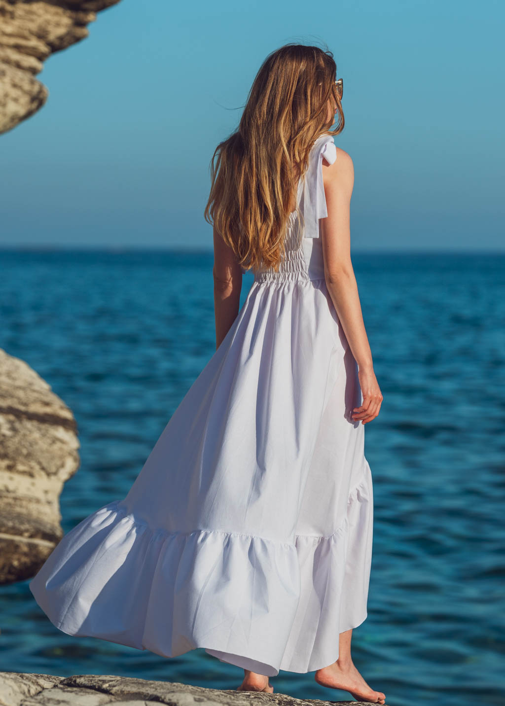 White cotton boho long summer dress