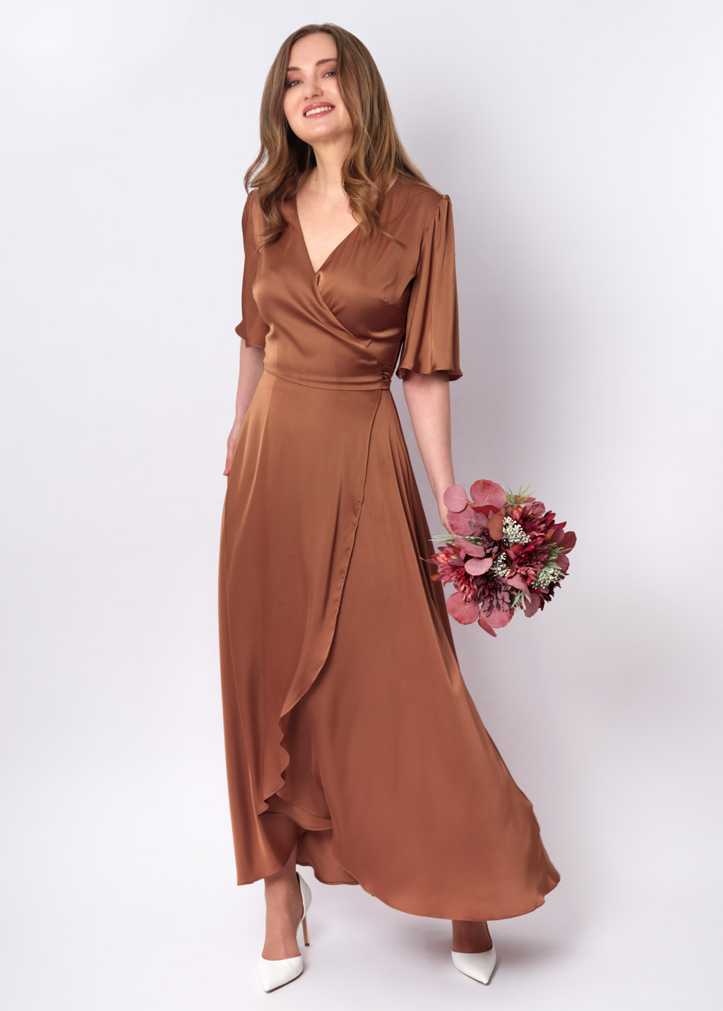 Copper gold silk long wrap dress