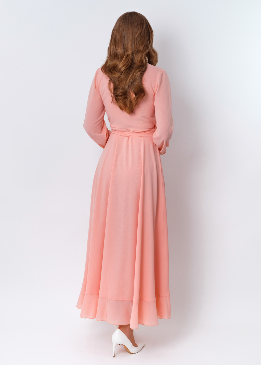 Blush pink chiffon wrap dress