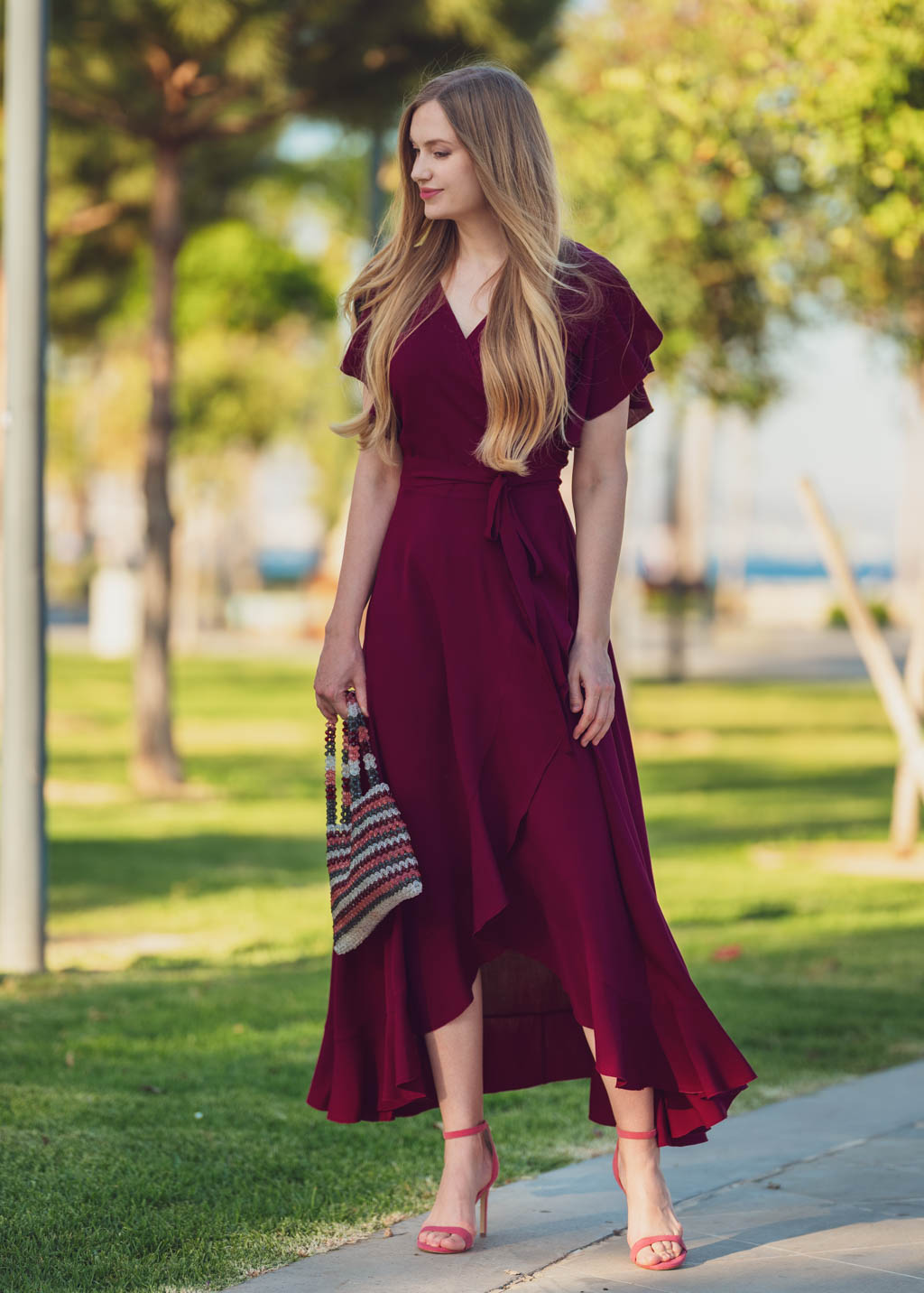 Burgundy romantic wrap around dress