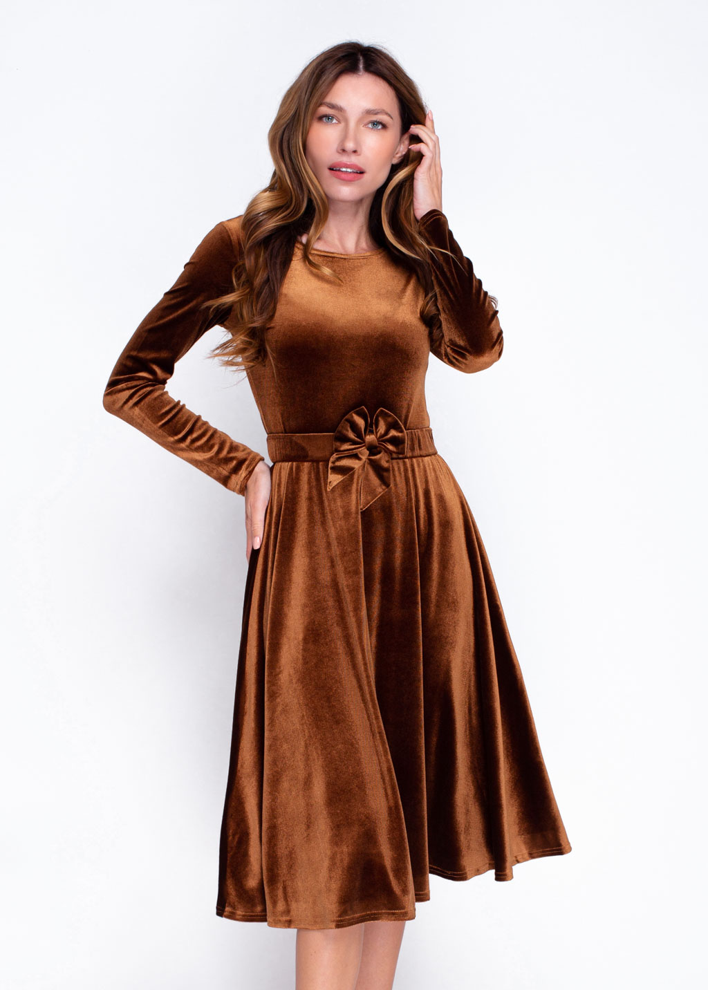 Rust gold velvet dress with belt