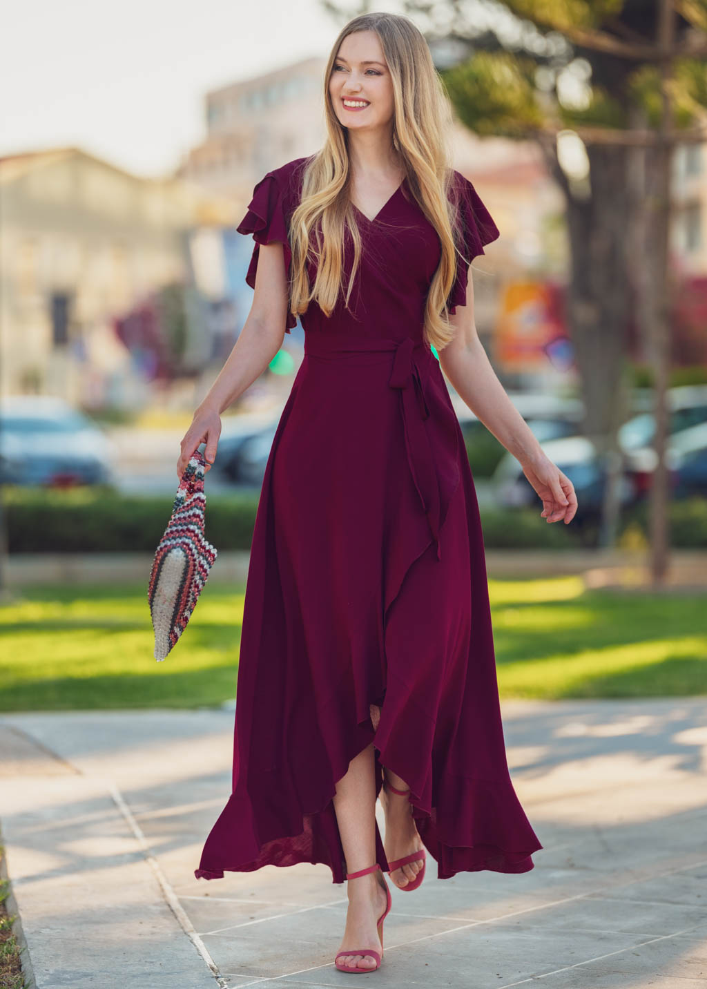 Burgundy romantic wrap around dress