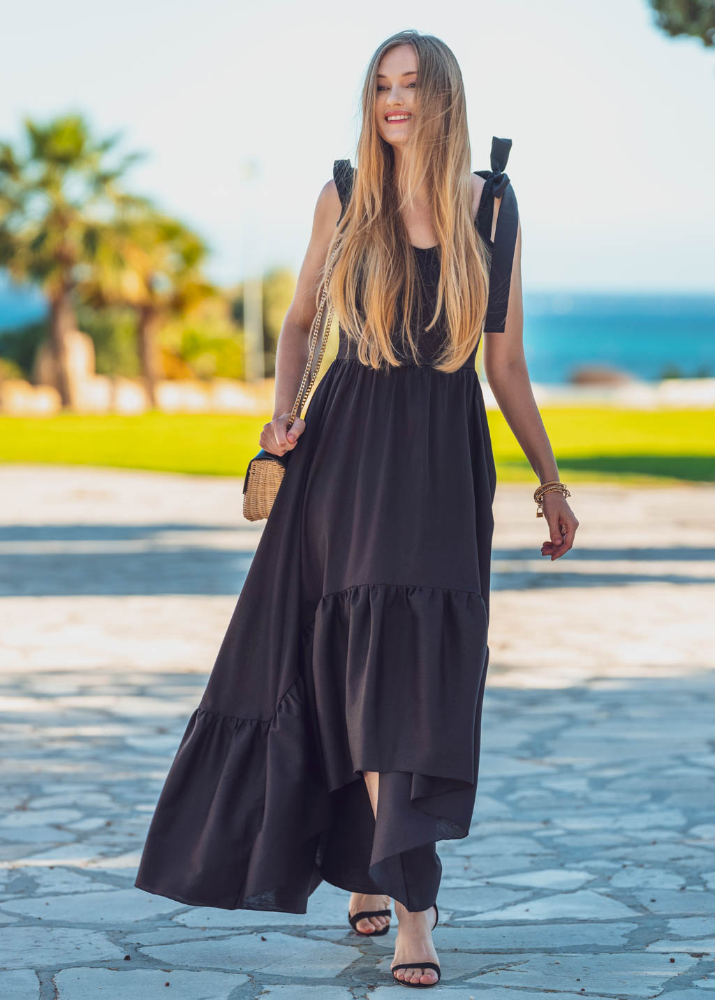 Black organic linen long summer dress